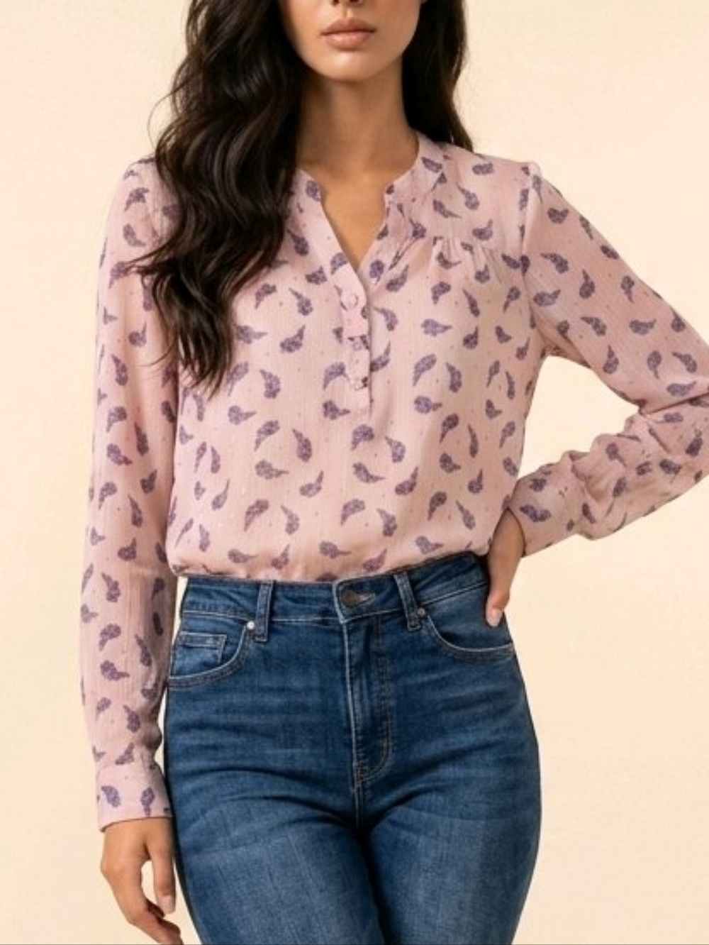 Mossimo Supply Co Sheer Floral Blouse Size Large Pink Purple Long Sleeve Button